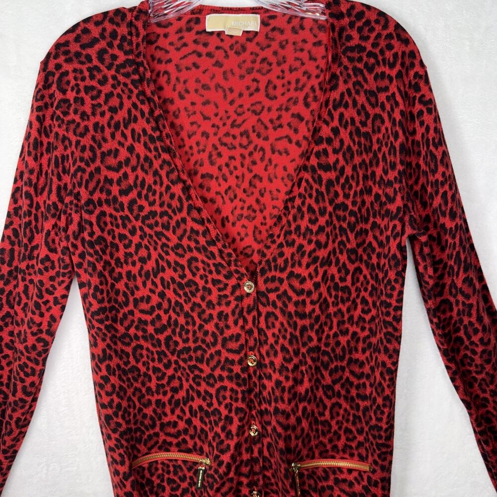 MICHAEL KORS Sweater Cardigan Women's L Red Black Animal Print Leopard